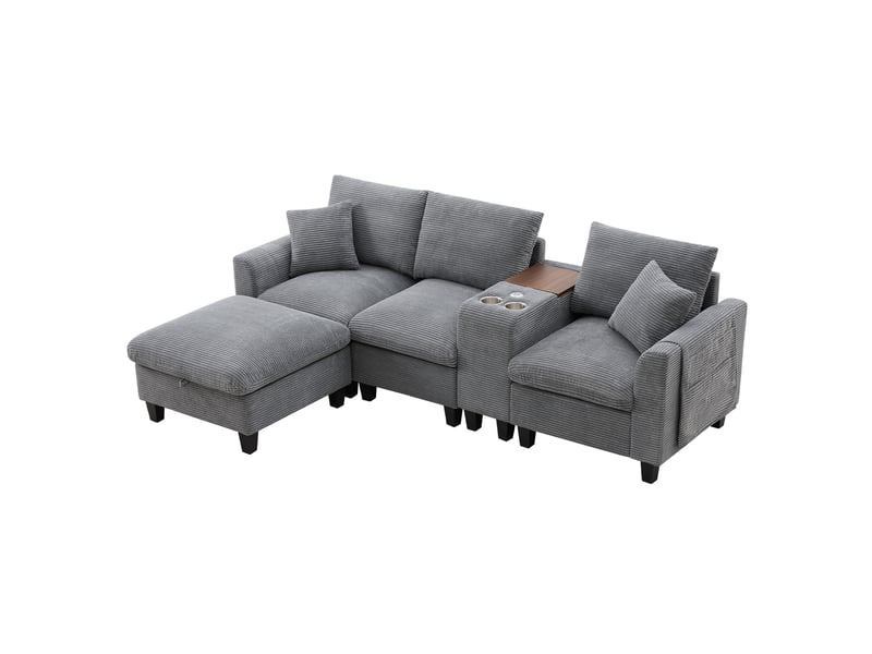  Canapé d'angle convertible 229x149.5x83 cm, 2 porte-gobelets, ports de charge usb et console, revêtement tissu velours côtelé gris  - Conforama A