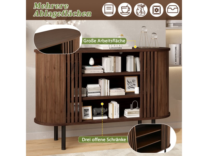 Buffet 120x40x80 cm noyer, 3 niches ouvertes, grand plateau et pieds métal réglables, mdf et panneaux - Conforama E