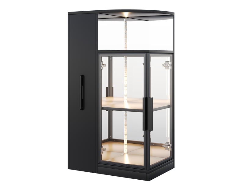  Vitrine de présentation en verre 64 x 42 x 112 cm – noir – led multicolore et rangement coulissant  - Conforama D
