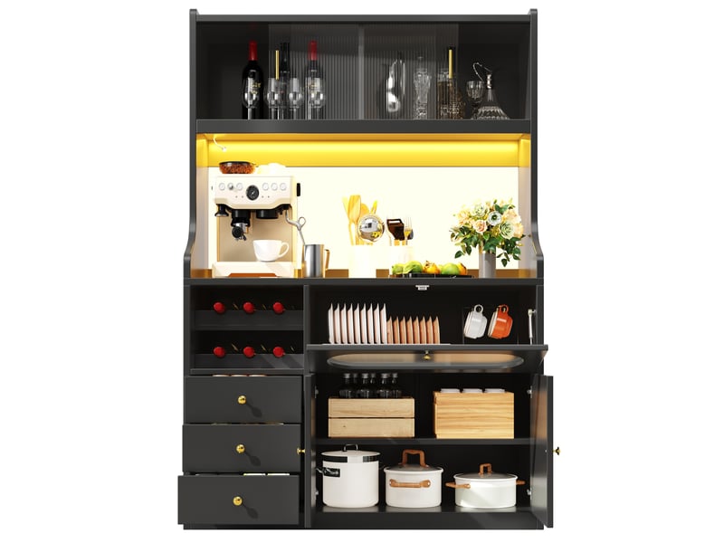  Buffet haut de cuisine 120 cm avec led rgb, portes vitrées coulissantes, casier à bouteilles, 3 tiroirs, noir  - Conforama A