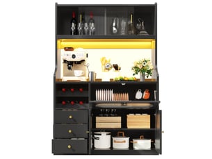 Buffet haut de cuisine 120 cm avec led rgb, portes vitrées coulissantes, casier à bouteilles, 3 tiroirs, noir