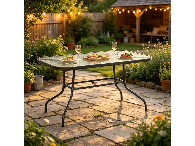 Table de patio élégante, table extérieure rectangulaire, table à manger avec trou parasol intégré - Conforama D