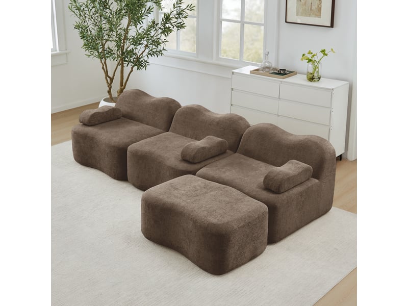  Canapé d'angle modulable 3 places en velours marron, structure sans ossature avec coussins mobiles et ottoman intégré pour salon moderne  - Conforama B