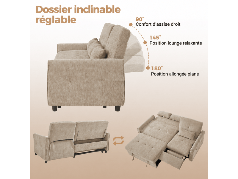  Canapé convertible 3 places 176 cm, fonction lit avec dossier réglable 3 positions, assise extensible, tissu chenille, marron OMNIGLINT TRADING LTD - Conforama E