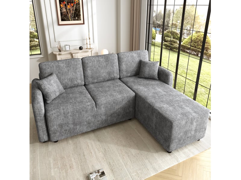  Canapé d'angle 3 places modenvie avec méridienne droite 144 cm, revêtement chenille gris, mousse haute densité et 2 coussins  - Conforama B