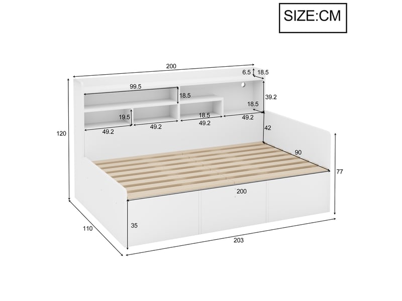 Lit banquette coffre 90x200 cm, banquette-lit, ouverture hydraulique, tête de lit avec rangement, éclairage led, espace inférieur modulable, mdf blanc OPULERANE TRADING LTD - Conforama C