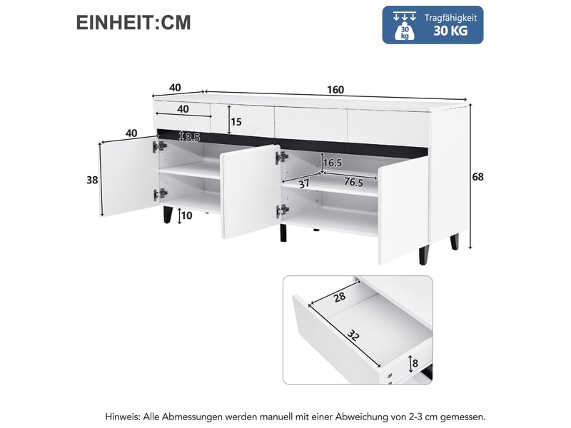 Buffet blanc haut brillant 160x40x68 cm, meuble rangement avec 4 tiroirs et 2 portes à étagères réglables - Conforama C