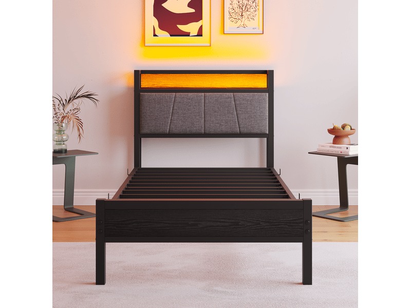  Lit simple 90x200 cm, lit jeune, couleur noir, mdf et métal, led équipé de prise et usb  - Conforama E