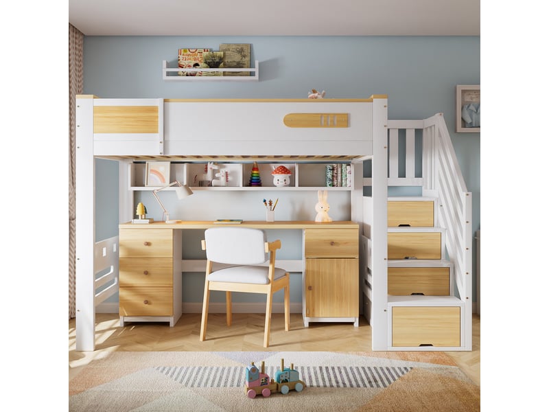  Lit mezzanine enfant 90x200 cm - avec bureau et tiroirs - escalier de rangement - bois massif + mdf - blanc + naturel (sans matelas)  - Conforama B