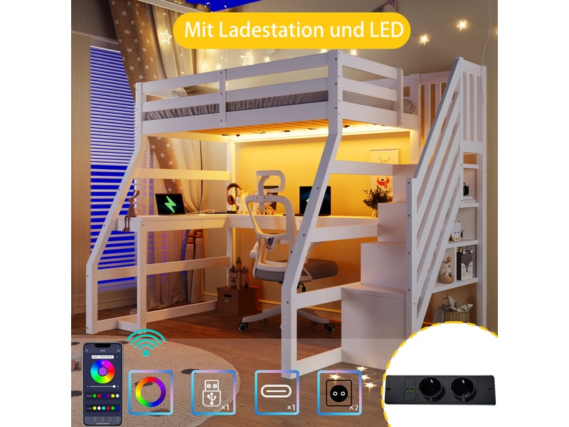  Lit mezzanine 90x200 cm blanc, avec bureau l, led, usb, escalier de rangement 3 compartiments, sommier inclus, sans matelas  - Conforama B