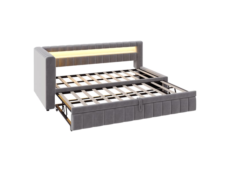  Lit extensible 90 × 200 cm led, usb et usb-c en velours - gris foncé C-CRAFTLINK - Conforama E