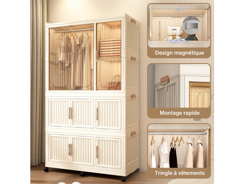  Armoire modulable pliable 92x45x158 cm avec 9 portes magnétiques couleur blanc crème, polypropylène, confort optimal  - Conforama D