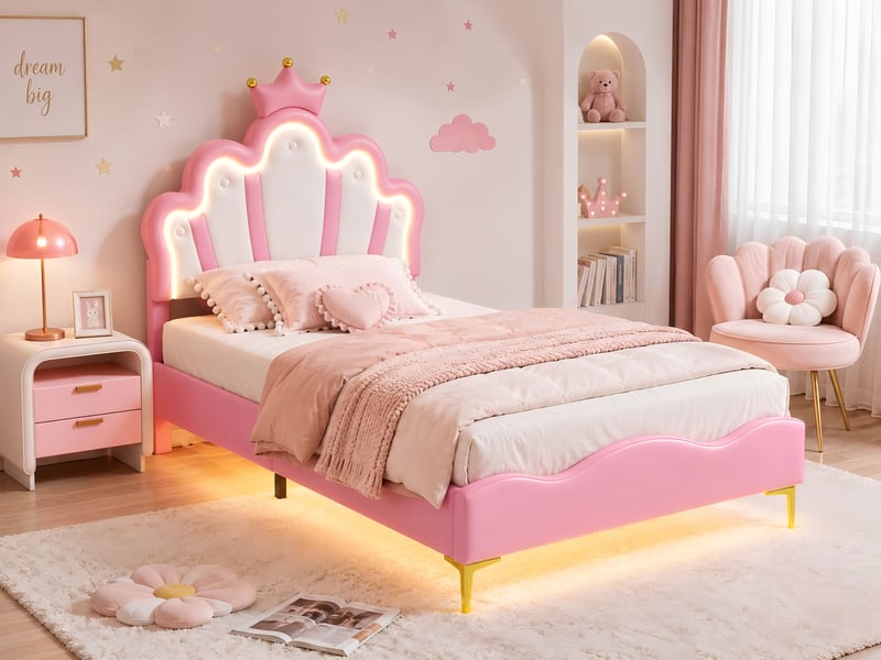  Lit enfant 90x190 cm, lit rembourré en similicuir pu rose avec tête de lit couronne et nuage, éclairage double led rgb (tête et sous le lit), hauteur réglable  - Conforama B