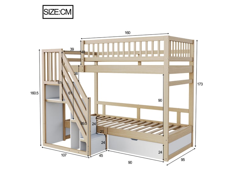  Lit superposé 90x200 cm escalier de rangement, tiroirs en bois coloris naturel et blanc  - Conforama E