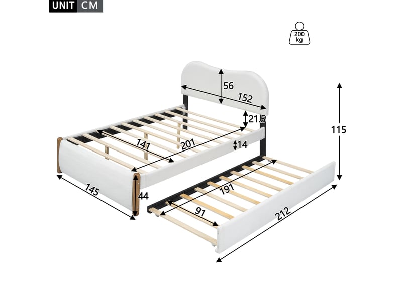 Lit gigogne enfant rembourré 140x200 cm blanc avec lit roulant coulissant - Conforama C