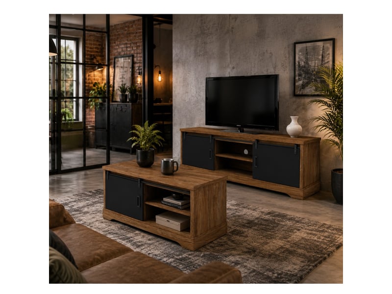  Table basse industrielle rectangle noir et bois 120cm nova  - Conforama C