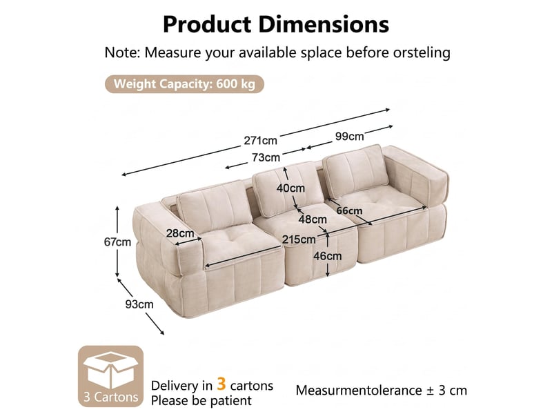 Canapé 3 places, revêtement en tissu, sans assemblage, beige - Conforama D