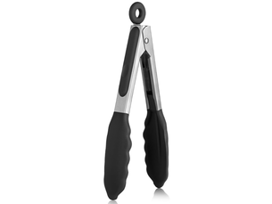 Pince de cuisine en silicone résistant à la chaleur avec embouts en caoutchouc antiadhésif hermétiquement scellés et poignée en acier (noir)
