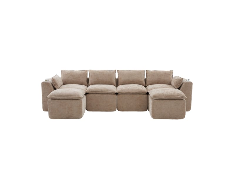 Canapé modulable 4 places avec 2 poufs en chenille kaki - Conforama A