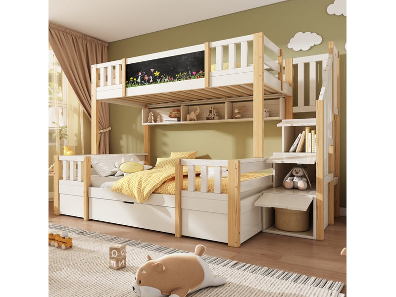  Modenvie lit superposé 3 couchages 90x200 et 140x200 cm - avec rangements, tableau noir, sans matelas - bicolore  - Conforama D