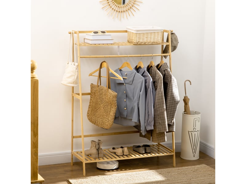  Portant à vêtements porte-manteau penderie avec 2 étagères 2 crochets et 1 barre de suspension en bambou  - Conforama D
