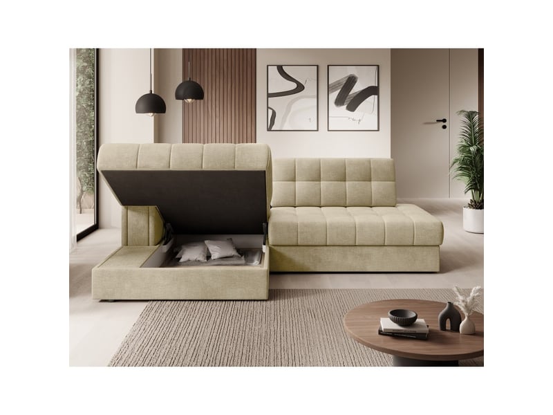 Canapé d'angle convertible cubito beige 240 cm avec coffre de rangement et couchage  - Conforama D