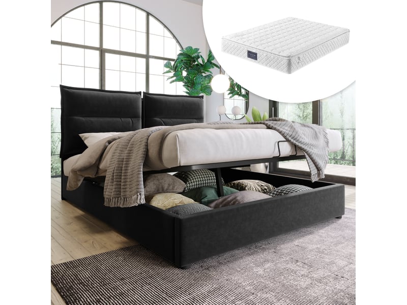  Lit coffre double 140 x 200 cm noir en velours avec matelas, tête de lit réglable  - Conforama B