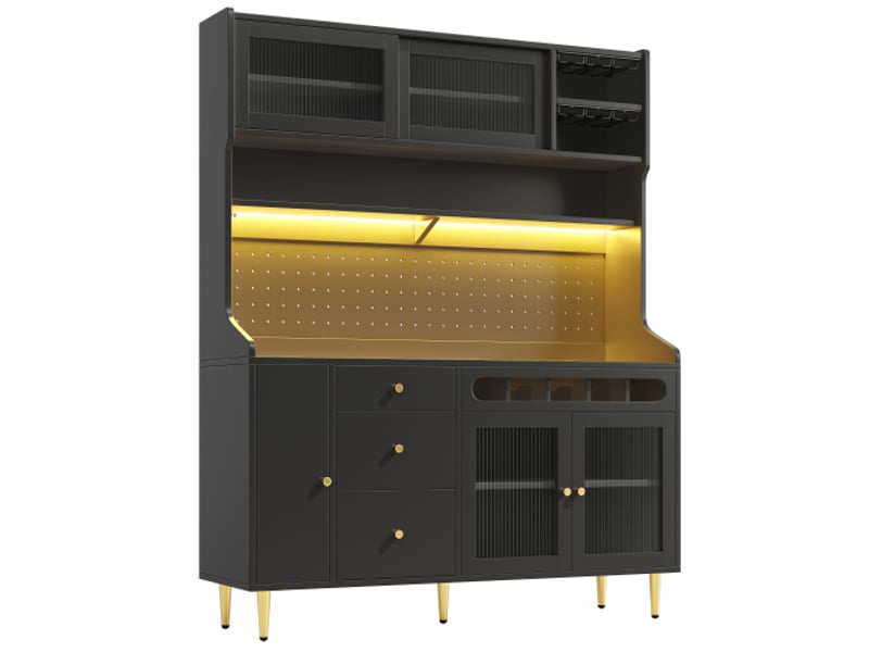  Meuble haut noir 145x39x171 cm - rangement salonsalle à manger, led, étagères réglables, tiroir range-bouteilles  - Conforama A