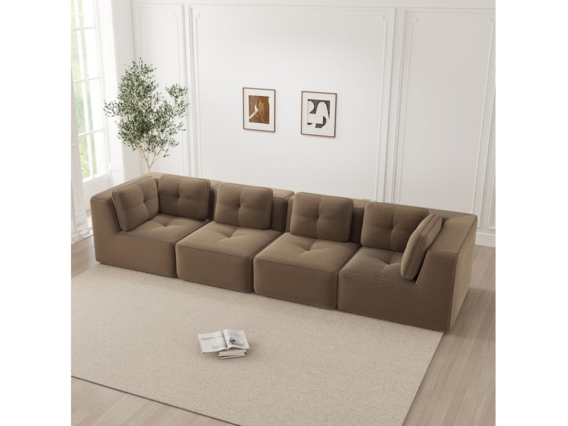 Canapé modulable 4 places en velours côtelé marron, assise profonde et modules libres pour votre salon - Conforama E
