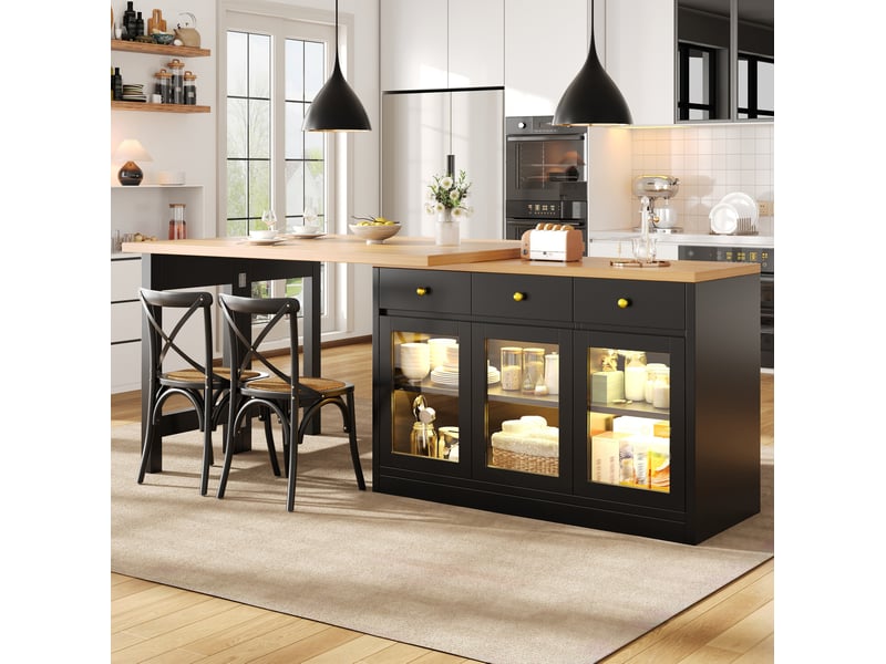  Desserte de cuisine extensible avec 3 tiroirs et 3 portes vitrées, led contrôlée par application, pour cuisine  - Conforama C
