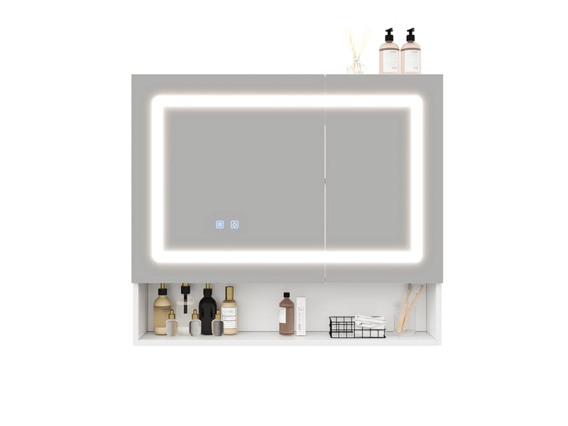  Miroir mural 80x17x70cm, finition blanche en mdf, armoire de toilette avec rangement, double porte et éclairage led antibuée  - Conforama A