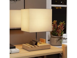 Lampe de chevet usb, bois, tissu, interrupteur à bascule, compartiments de rangement, blanc