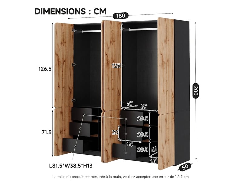  Armoire blanche 5 portes 135x48x200 cm avec led et 3 tiroirs  - Conforama W