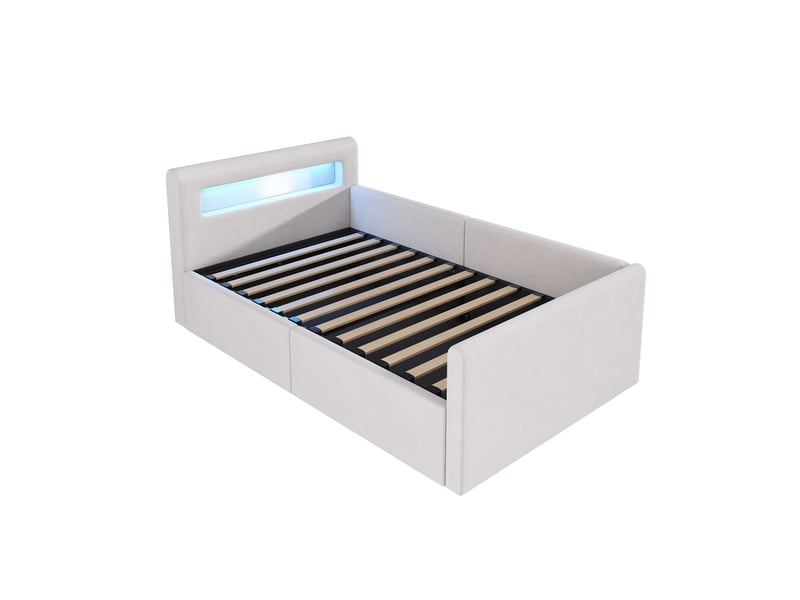 Lit enfant coffre 90 x 200 cm avec led, veilleuse, usb et rangement hydraulique, velours beige Fay Lum - Conforama A