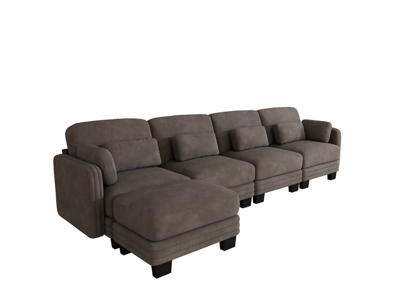  Canapé d’angle modulable 4 places avec ottomane 330x143x88 cm en chenille marron  - Conforama E