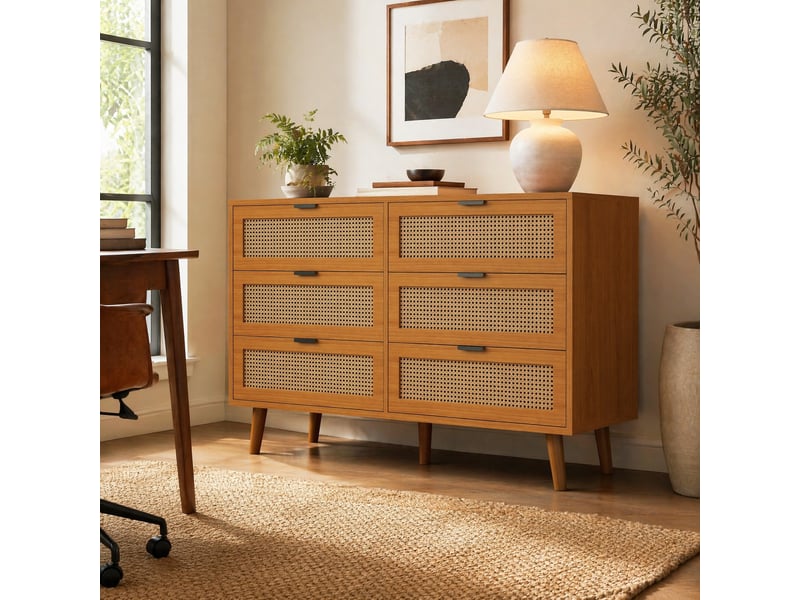  Commode 6 tiroirs – décor rotin rétro – noyer – 120 x 40 x 76,5 cm  - Conforama B