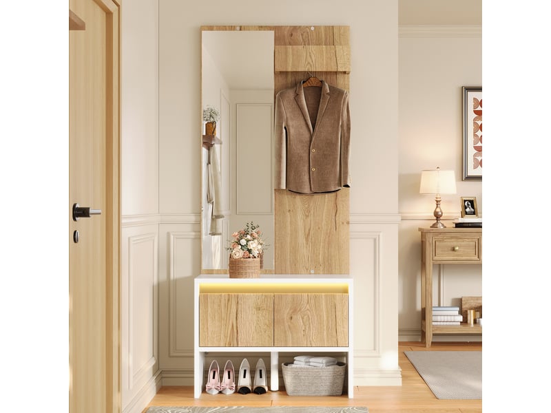  Vestiaire d'entrée avec miroir et banc, porte-manteau sur pied, meuble chaussures 2 tiroirs, blanc 60cm  - Conforama C
