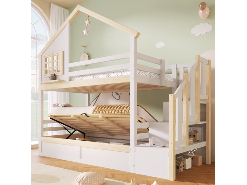 Lit superposé enfant 90x200 cm avec rangement hydraulique et décor maison blanc et naturel - Conforama B