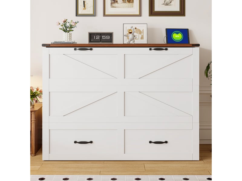 Lit escamotable 140x200 cm avec cadre métallique extensible, rangement intégré, prise électrique européenne et roulettes silencieuses, blanc - Conforama C
