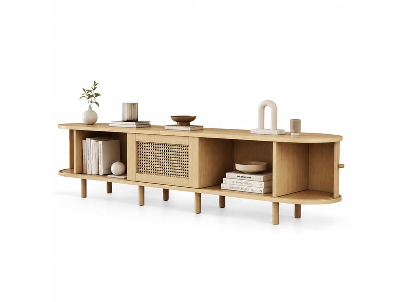  Meuble tv lowboard 180 x 40 x 40 cm bois clair avec portes coulissantes et tiroir  - Conforama A