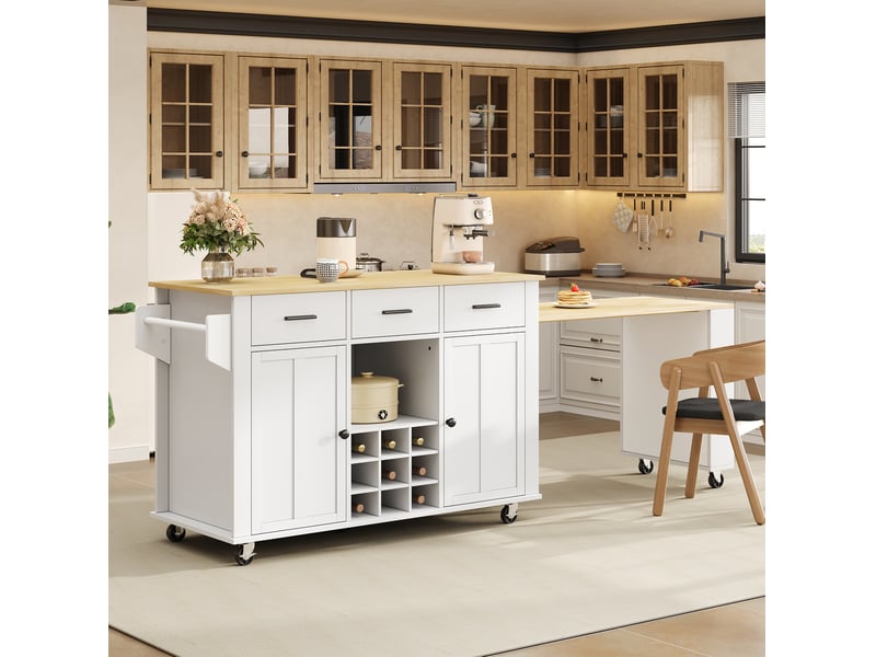 Îlot de cuisine mobile 223x50x93 cm blanc et naturel avec plan extensible - Conforama D