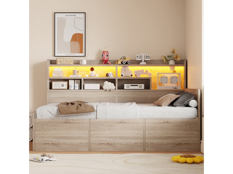  Lit banquette coffre 90x200 cm, banquette-lit, ouverture hydraulique, tête de lit avec rangement, éclairage led, mdf bois naturel CozyNest - Conforama D