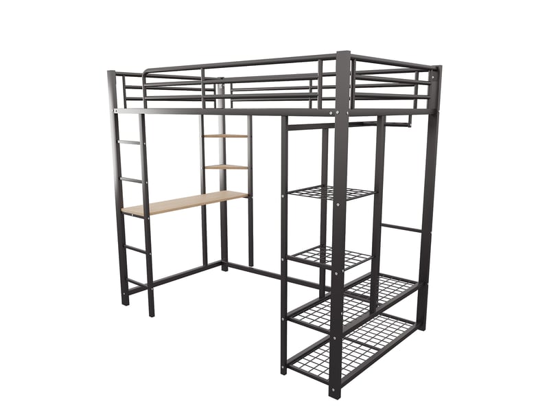  Lit mezzanine 200×90 cm avec bureau, rangements et penderie, sans matelas, en métal noir  - Conforama E