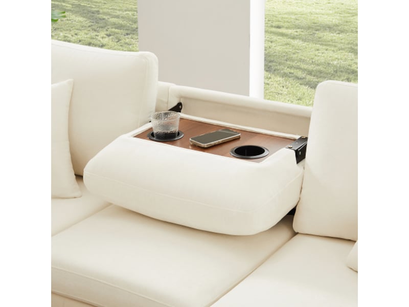  Canapé d'angle chenille beige 205x205x85 cm – couchage, ottomane, lampe, usb-c, table cachée et table basse extensible  - Conforama E