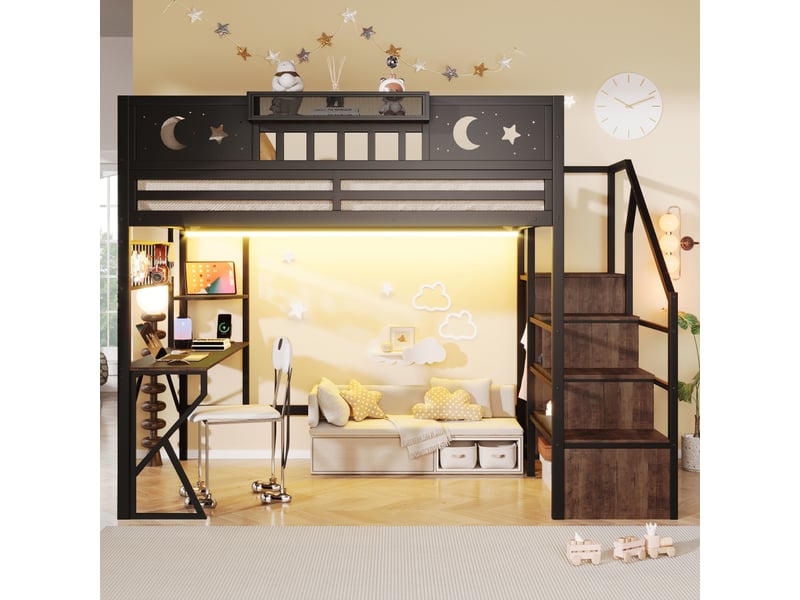  Lit mezzanine, 140 x 200 cm, structure en fer, panneau perforé, étagères multiples, bureau, port usb, barrière de sécurité, éclairage led, pieds en forme de k, matelas non inclus, noir  - Conforama B