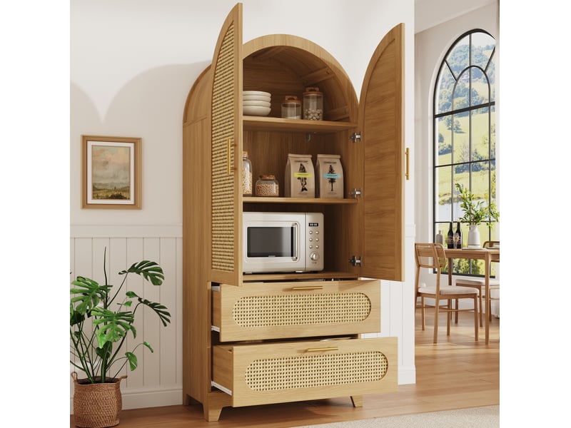 Buffet de cuisine haut avec étagères, 2 portes et 2 tiroirs, façades aspect rotin en pvc, 80 × 40 × 175 cm - Conforama E