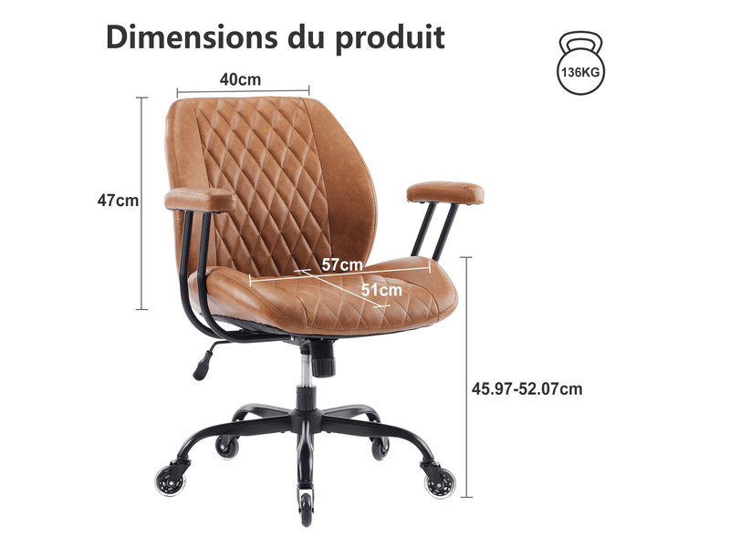 Chaise de bureau ergonomique pivotante avec hauteur réglable, inclinaison et roulettes silencieuses en cuir marron - Conforama D