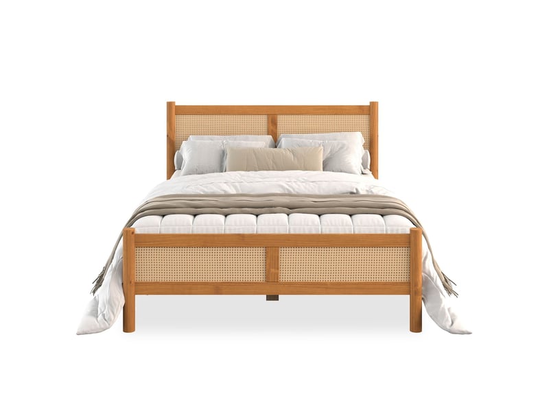 Lit double cefira 160x200 avec tête de lit en rotin - coloris chêne - Conforama A