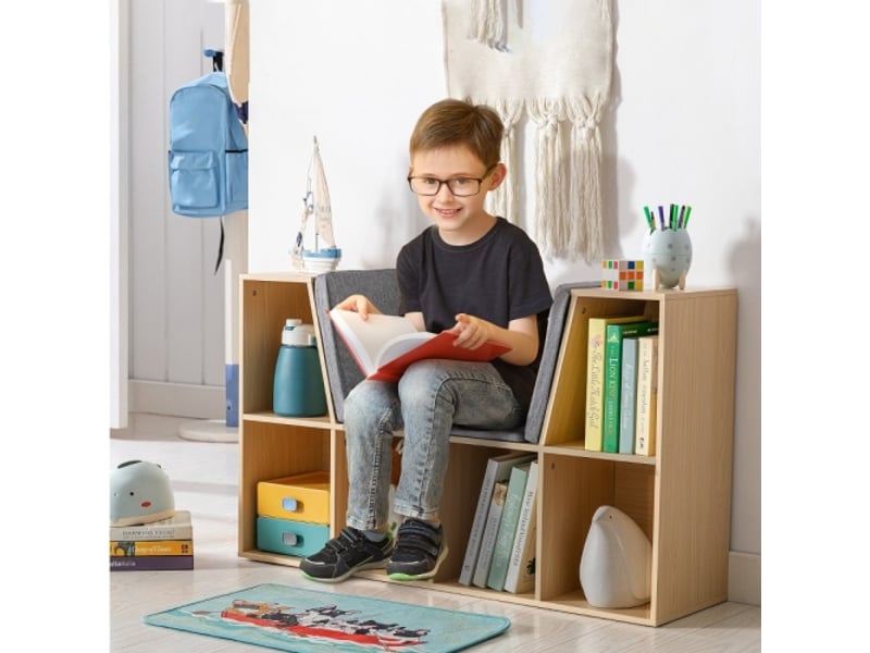  Banc coffre enfant grisnaturel, bibliothèque 6 compartiments, 3 coussins, rangement jouets, 103x30x62 cm  - Conforama B
