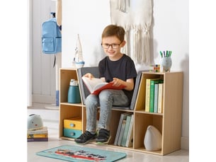 Banc coffre enfant grisnaturel, bibliothèque 6 compartiments, 3 coussins, rangement jouets, 103x30x62 cm